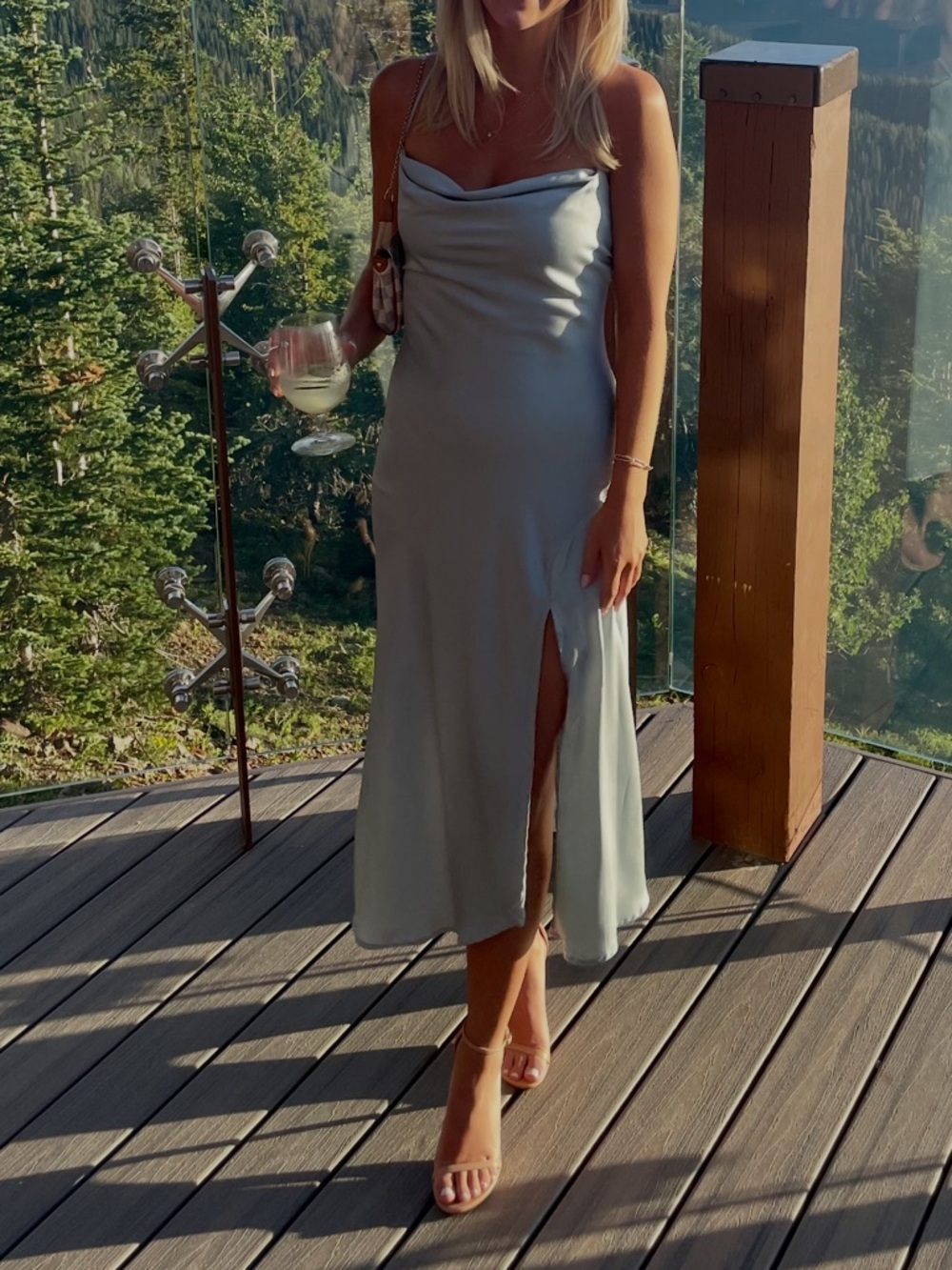 Astr Satin Cowl Midi Dress in Light Blue